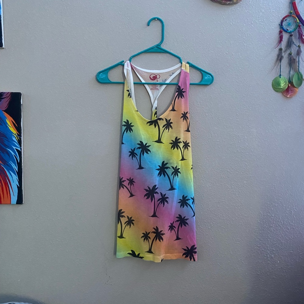 Rainbow palm tree tank top with twisted back detail
